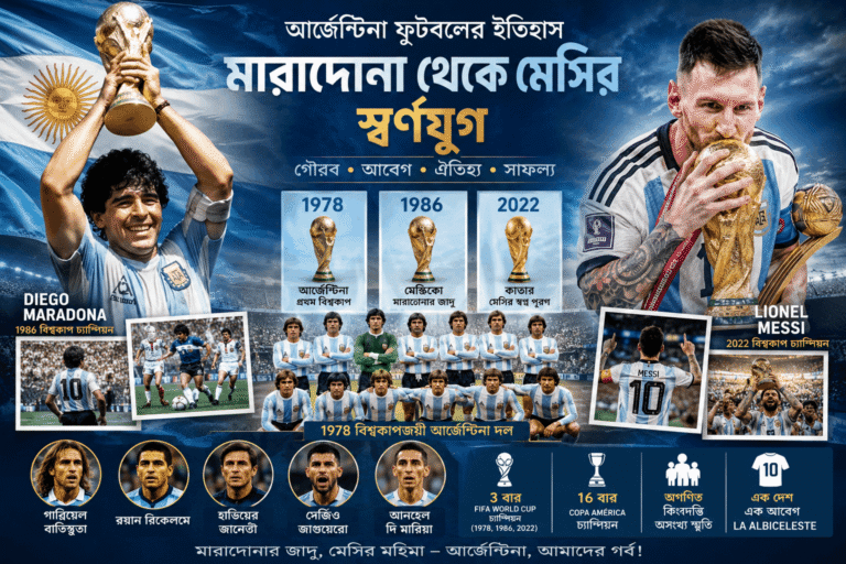 Argentina football history poster featuring Diego Maradona, Lionel Messi and Argentina's World Cup triumphs.