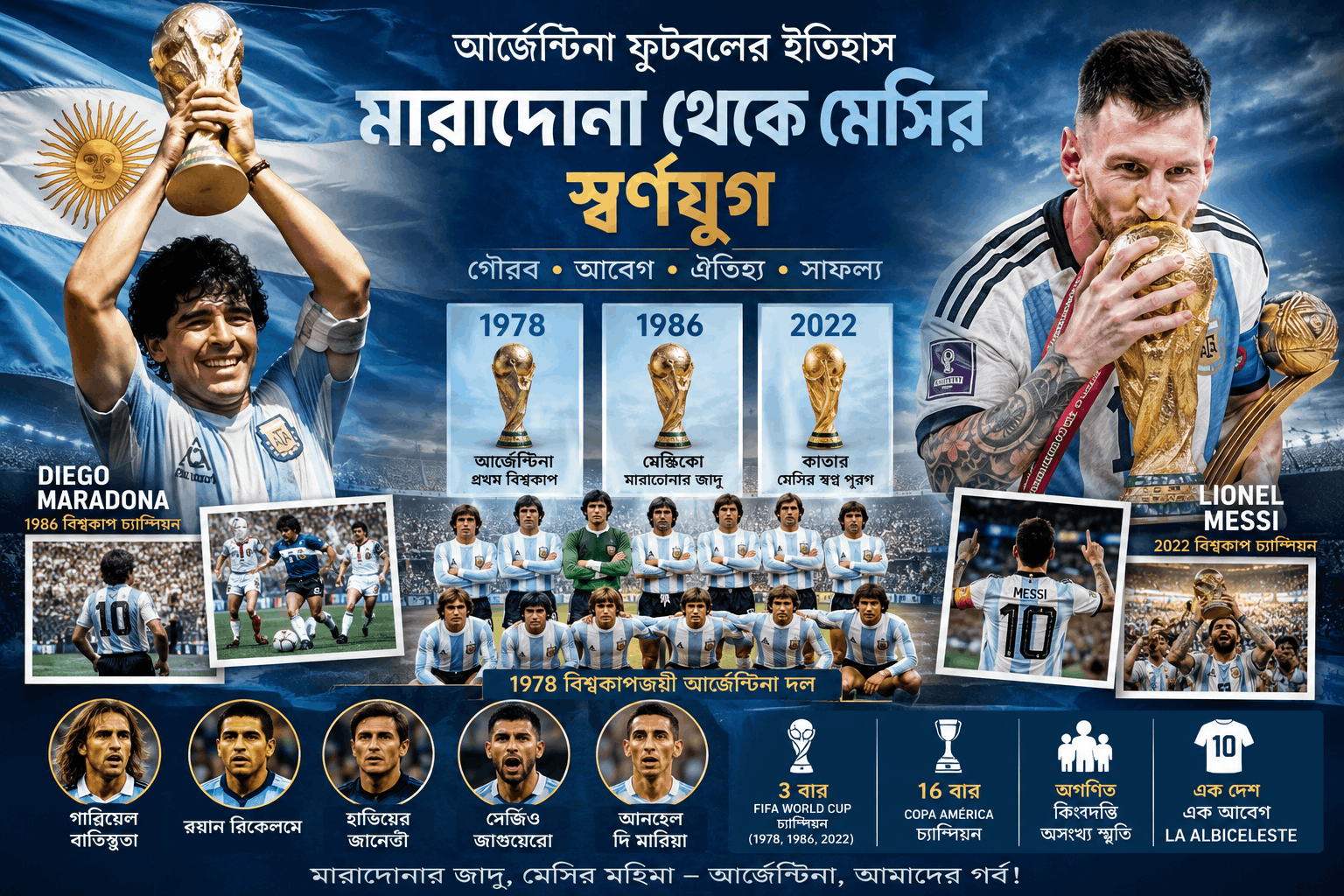 Argentina football history poster featuring Diego Maradona, Lionel Messi and Argentina's World Cup triumphs.