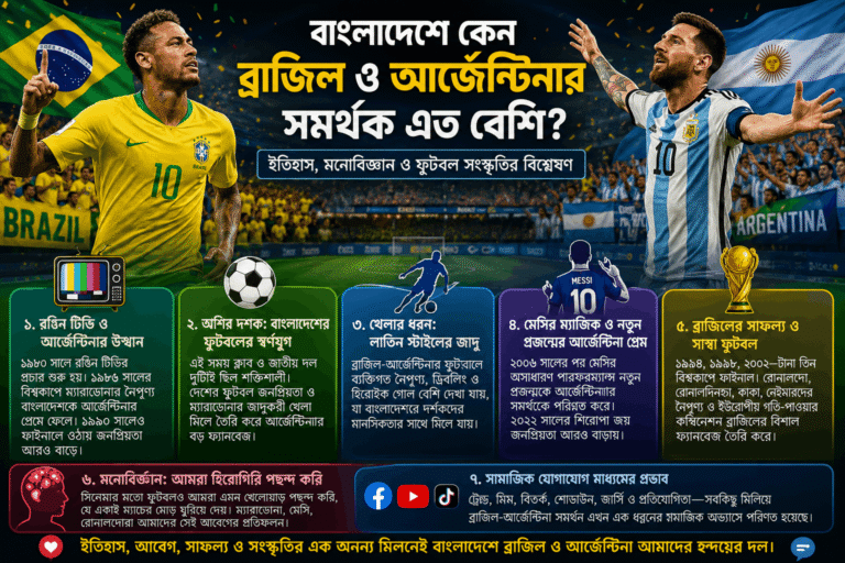 বাংলাদেশে কেন ব্রাজিল ও আর্জেন্টিনার সমর্থক বেশি—এ বিষয়ে একটি ইনফোগ্রাফিক, যেখানে নেইমার ও লিওনেল মেসির ছবি, ব্রাজিল ও আর্জেন্টিনার পতাকা, ফুটবল বিশ্বকাপ ট্রফি এবং জনপ্রিয়তার বিভিন্ন কারণ তুলে ধরা হয়েছে।