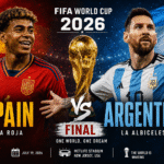 FIFA World Cup 2026 ফাইনালে স্পেন বনাম আর্জেন্টিনা ম্যাচের পোস্টার, বিশ্বকাপ ট্রফি এবং দুই দলের খেলোয়াড়দের নিয়ে তৈরি একটি স্পোর্টস গ্রাফিক।