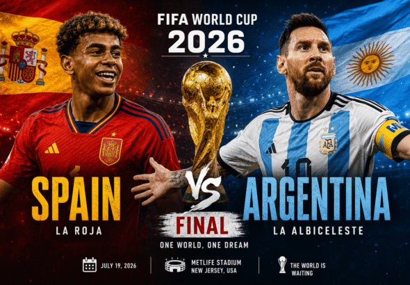 FIFA World Cup 2026 ফাইনালে স্পেন বনাম আর্জেন্টিনা ম্যাচের পোস্টার, বিশ্বকাপ ট্রফি এবং দুই দলের খেলোয়াড়দের নিয়ে তৈরি একটি স্পোর্টস গ্রাফিক।