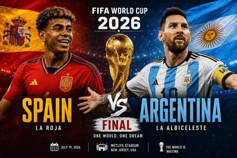 FIFA World Cup 2026 ফাইনালে স্পেন বনাম আর্জেন্টিনা ম্যাচের পোস্টার, বিশ্বকাপ ট্রফি এবং দুই দলের খেলোয়াড়দের নিয়ে তৈরি একটি স্পোর্টস গ্রাফিক।