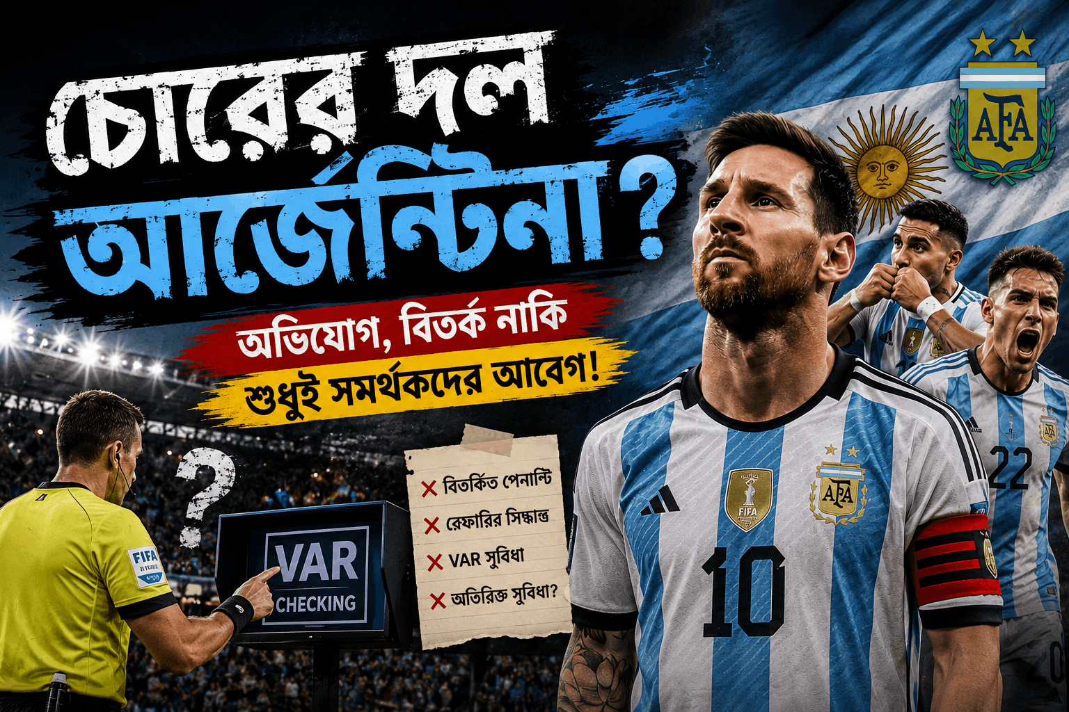 VAR বিতর্কের প্রেক্ষাপটে আর্জেন্টিনা জাতীয় ফুটবল দল ও লিওনেল মেসিকে কেন্দ্র করে তৈরি একটি প্রতীকী চিত্র।